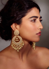 Gold Plated Silver Alloy Kundan Chandbali Earrings With Pearls