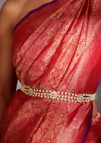 Gold Plated Silver Alloy Kundan Floral Waist Belt With Pearls