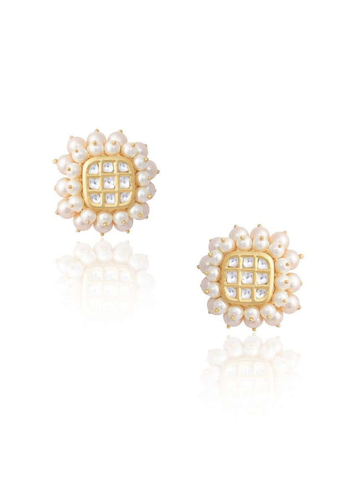 Gold Plated Stud Earrings With Kundan Centre And Pearls On The Edges By Aster