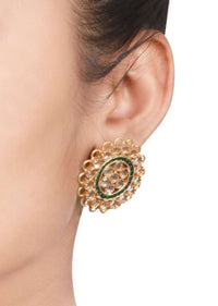 Gold Plated Studs In Floral Design With White And Green Gemstones Made In Sterling Silver By Sangeeta Boochra