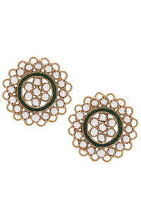 Gold Plated Studs In Floral Design With White And Green Gemstones Made In Sterling Silver By Sangeeta Boochra