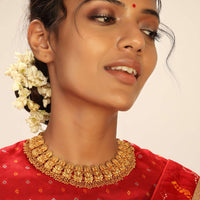 Gold Plated Temple Necklace With Goddess Laxmi Work And Pearls