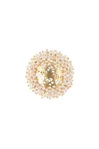 Gold Polish Ring Studded With Small Pearls In Mix Metal