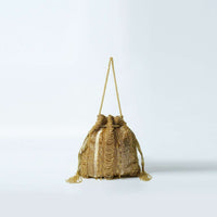 Gold Potli Bag In Raw Silk Hand Embroidered With Cut Dana And Bead Strings Online - Kalki Fashion