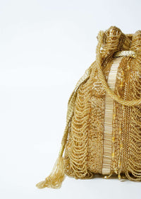 Gold Potli Bag In Raw Silk Hand Embroidered With Cut Dana And Bead Strings Online - Kalki Fashion
