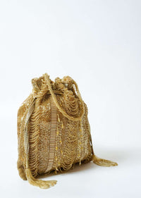 Gold Potli Bag In Raw Silk Hand Embroidered With Cut Dana And Bead Strings Online - Kalki Fashion