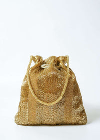 Gold Potli Bag In Raw Silk Hand Embroidered With Cut Dana And Bead Strings Online - Kalki Fashion