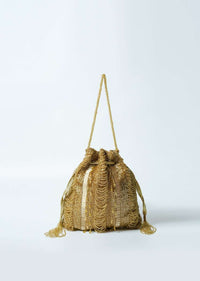 Gold Potli Bag In Raw Silk Hand Embroidered With Cut Dana And Bead Strings Online - Kalki Fashion
