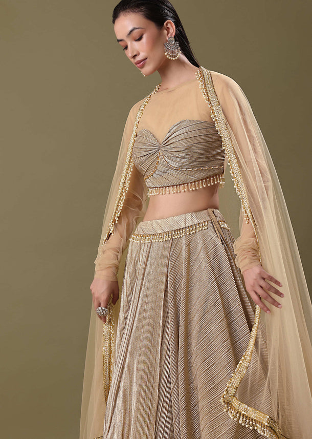 Gold Pre Pleated Lehenga With Dupatta