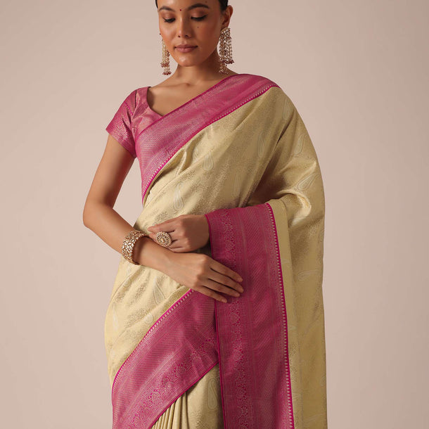 Gold Saree In Brocade Silk With Woven Motifs And Unstitched Blouse Piece