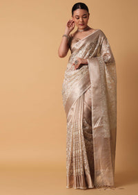 Gold Saree In Chanderi Kora Silk With Zari Work Pallu And Unstitched Blouse Piece