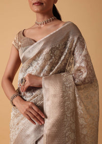 Gold Saree In Chanderi Kora Silk With Zari Work Pallu And Unstitched Blouse Piece