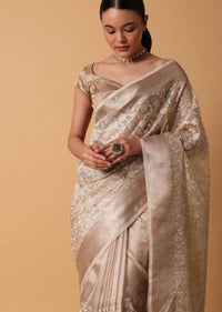 Gold Saree In Chanderi Kora Silk With Zari Work Pallu And Unstitched Blouse Piece