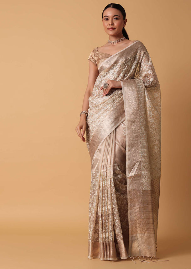 Gold Saree In Chanderi Kora Silk With Zari Work Pallu And Unstitched Blouse Piece