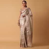 Gold Saree In Chanderi Kora Silk With Zari Work Pallu And Unstitched Blouse Piece