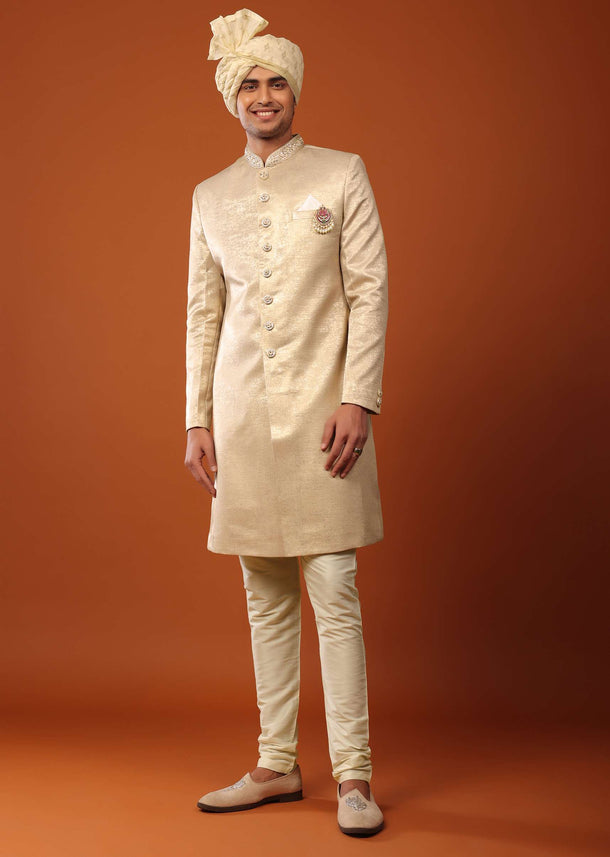 Gold Sherwani Set In Foil With Handwork On The Collar