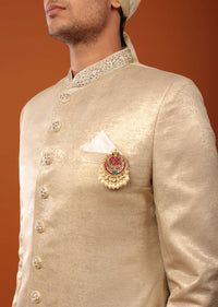 Gold Sherwani Set In Foil With Handwork On The Collar