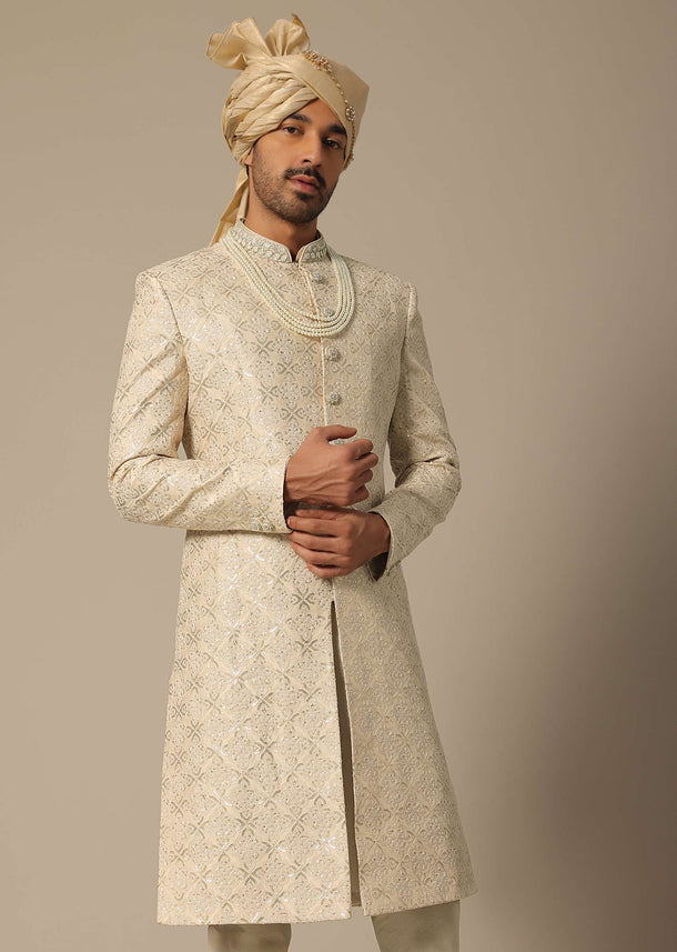 Gold Sherwani Set In Silk With Embroidered Detail