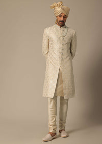 Gold Sherwani Set In Silk With Embroidered Detail