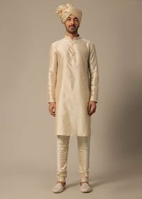 Gold Sherwani Set In Silk With Embroidered Detail