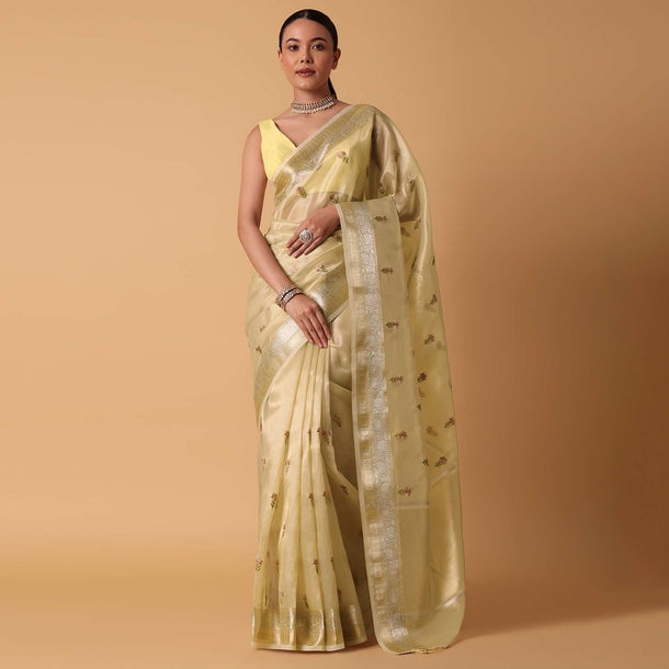 Gold Silk Chanderi Saree With Resham Motifs And Unstitched Blouse Piece