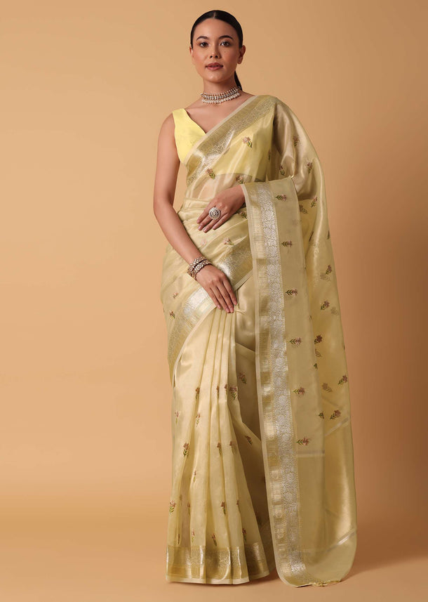 Gold Silk Chanderi Saree With Resham Motifs And Unstitched Blouse Piece
