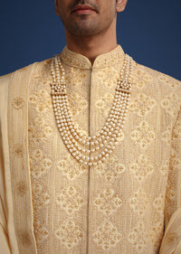 Gold Silk Embroidered Sherwani Set With Dupatta