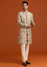 Gold Silk Sherwani Set Hand Embroidered Motifs