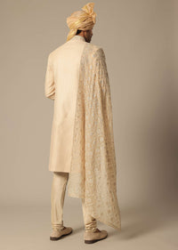 Gold Silk Sherwani Set With Embroidered Detail