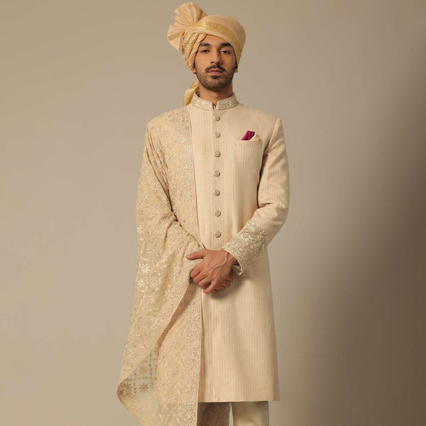 Gold Silk Sherwani Set With Embroidered Detail