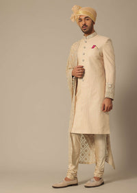 Gold Silk Sherwani Set With Embroidered Detail