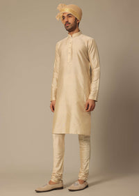 Gold Silk Sherwani Set With Embroidered Detail