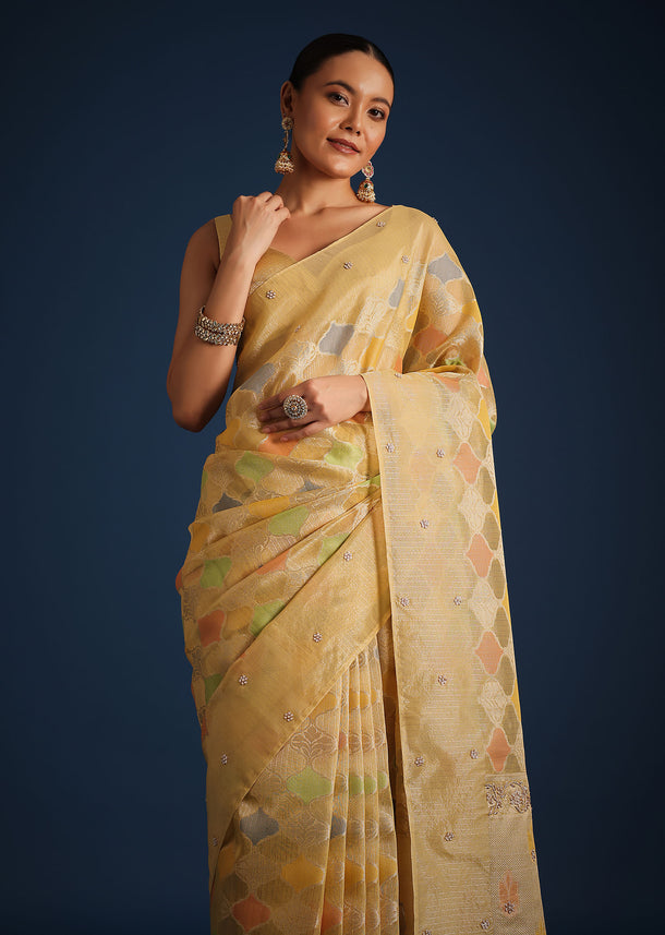 Gold Tissue Chanderi Rangkart Saree with Zardosi Work