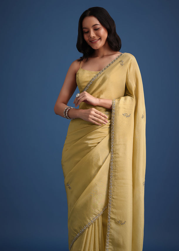 Gold Tissue Saree With Cutdana Embellished Border
