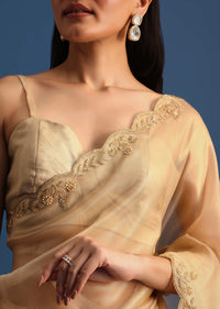 Gold Tissue Saree With Cutdana Embroidered Border And Unstitched Blouse