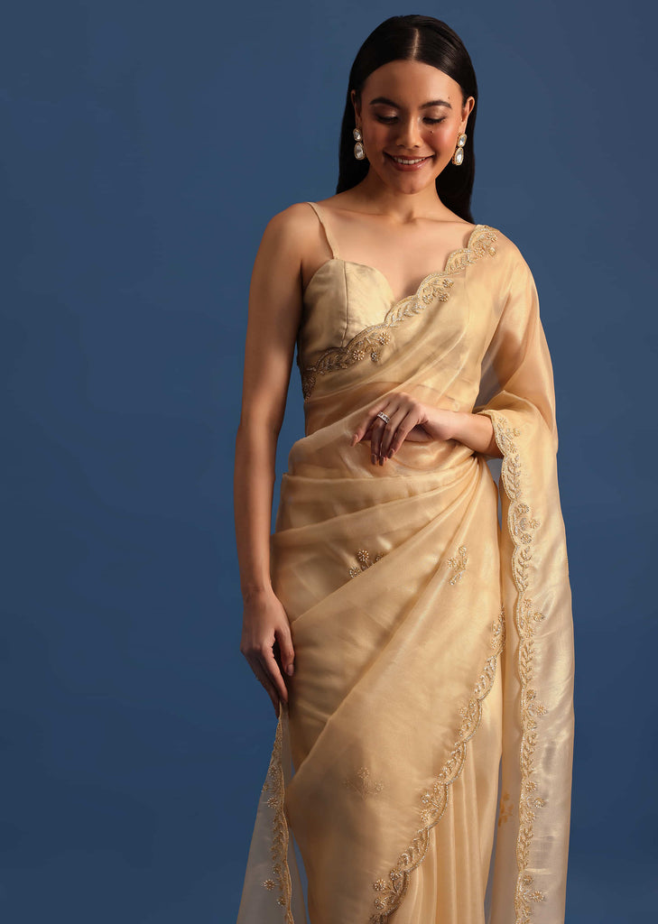 Gold Tissue Saree With Cutdana Embroidered Border And Unstitched Blouse