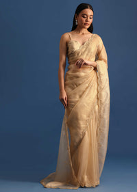 Gold Tissue Saree With Cutdana Embroidered Border And Unstitched Blouse