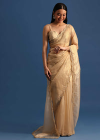 Gold Tissue Saree With Cutdana Embroidered Border And Unstitched Blouse