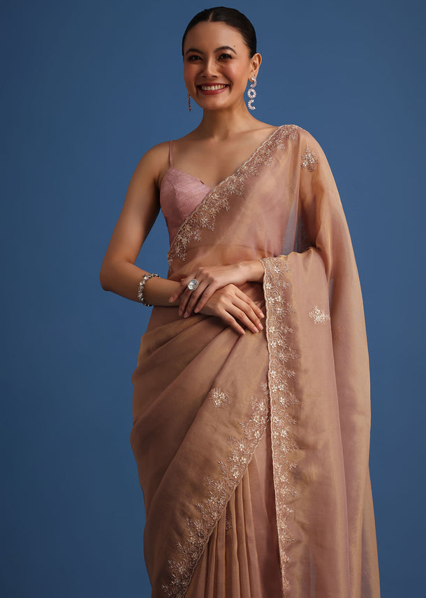 Dusty Beige Saree With Stones And Cutdana Embroidered Border