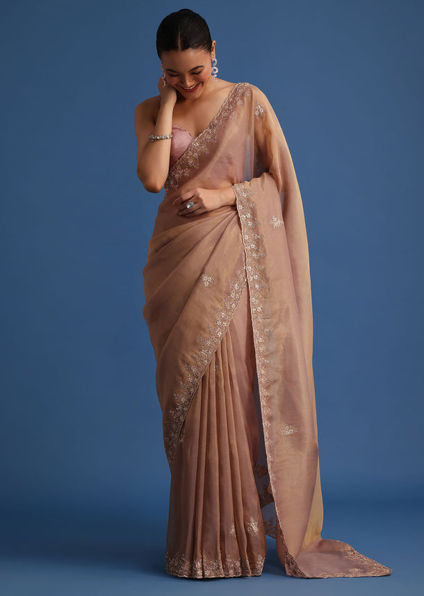 Dusty Beige Saree With Stones And Cutdana Embroidered Border