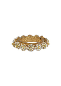 Gold Tone Kundan Bangle With Pearls And Floral Motifs