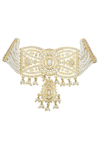 Gold Tone Kundan Choker Set With Geometric Pendant