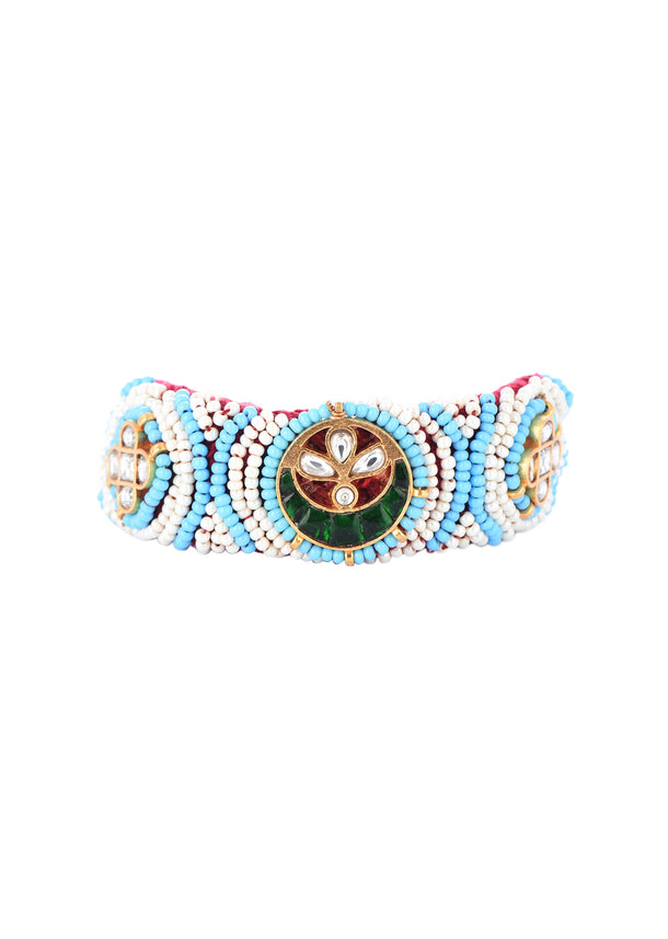 Gold Tone Pachi Kundan Bracelet With Blue Ruby In Mix Metal