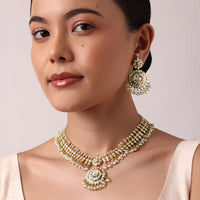 Gold Tone Pendant Kundan Necklace Set With Beads