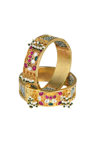 Gold Tone Temple Bangle With Meenakari Set of 2