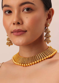 Gold Tone Temple Necklace With Layered Earrings