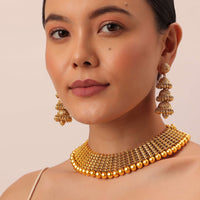 Gold Tone Temple Necklace With Layered Earrings
