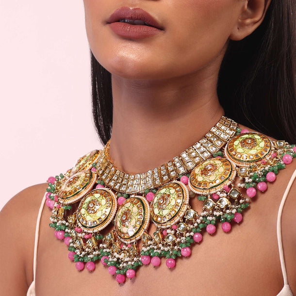 Kundan Bridal Necklace With Pink And Green Minakari And Bead Fringes