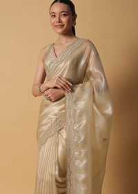 Gold Toned Foil Saree In Tissue With Cut Dana Embroidered Borders