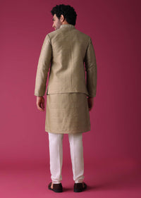 Gold Toned Jacket Kurta Set In Silk With Mirror Work